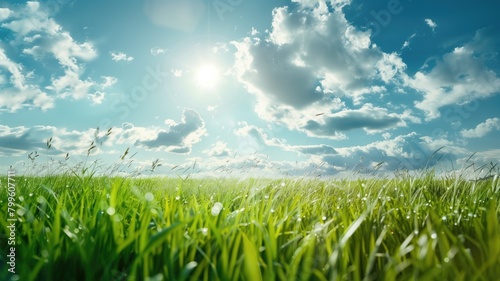 Sun shining over lush green field with blue sky and clouds