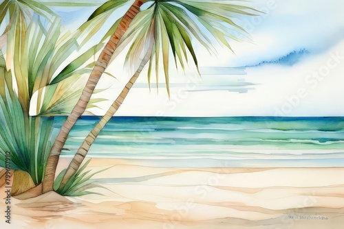 palm tree green leaves turquoise ocean water blue sky sun white cloud yellow sand summer holidays