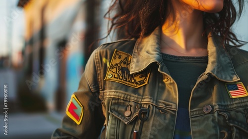 Person in military-style jacket with patches at dusk photo