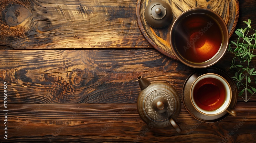 Traditional tea set with brewed on wooden table Traditional tea set with brewed on wooden table