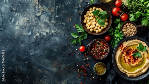 Various fresh ingredients and hummus spread on dark background