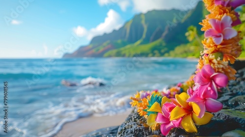 Colorful lei on rocky coastline with ocean and cliffs in background at sunset photo