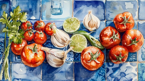 Serene watercolor of Pico de Gallo ingredients laid out on a blue ceramic tile, emphasizing the fresh, clean aesthetic photo