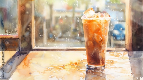 Soft watercolor of an iced coffee on a sunny terrace, condensation beads on the glass enhancing the sense of cool refreshment photo