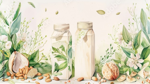 Vibrant watercolor depiction of almond and soy milk cartons surrounded by their source ingredients, highlighting natural origins