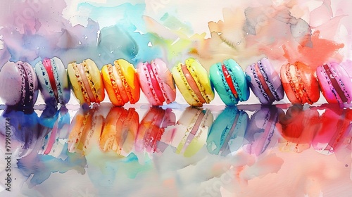 Vibrant watercolor display of colorful macarons in a neat row, each color popping against a soft, textured background, evoking delight