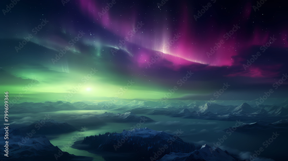 Beautiful view of Earth from space, purple and green Northern Lights