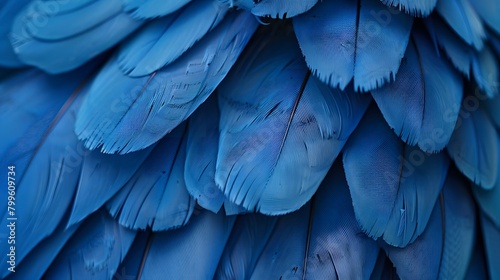 Digital art background of vibrant blue large bird feathers with detailed texture, perfect for a serene blue feather display. © horizor