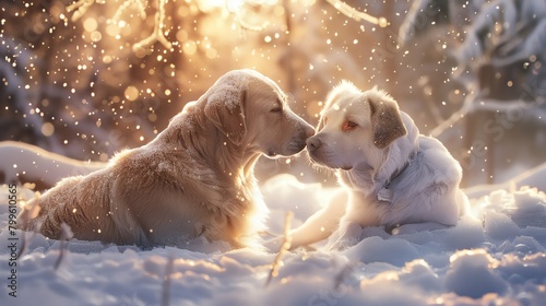 Capture a pet and their partner in a winter wonderland, showcasing their bond through delicate snowfall Visualize a detailed, lifelike portrait using watercolor accents