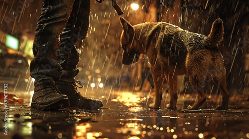 Craft a dynamic CG 3D image featuring a pet and its human companion seen from a low angle in the rain Emphasize the interaction between the two photo