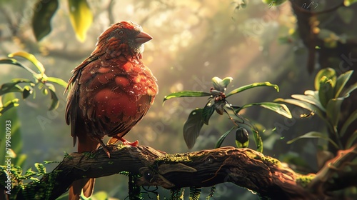 Design a dynamic scene of a bird perched on its owners shoulder in a lush forest using CG 3D techniques Emphasize the intricate feathers and textures with a blend of warm