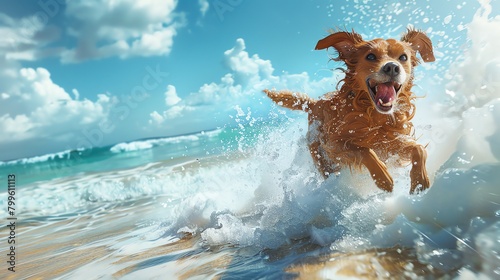Immerse in the dynamic contrast of a playful pet bounding towards its exuberant partner amidst the crashing waves on the vibrant beach backdrop Emphasize crisp details and vibrant photo