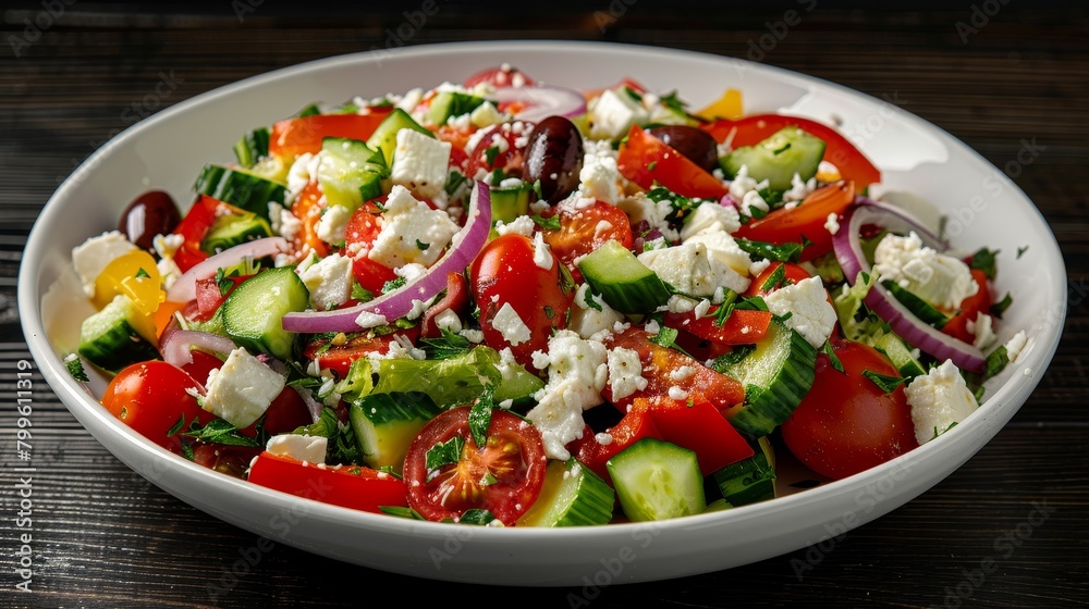 Vibrant top view shot of a Greek Salad with fresh cut tomatoes, cucumbers, bell peppers, onions, olives, and feta cheese, on an isolated background under studio lights Vibrant top view shot of a Greek Salad with fresh cut tomatoes, cucumbers, bell peppers, onions, olives, and feta cheese, on an isolated background under studio lights