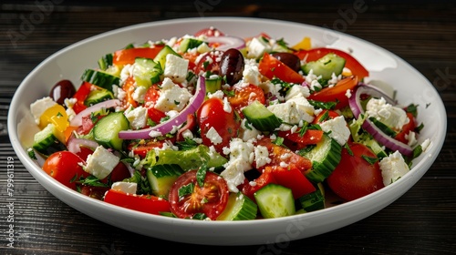 Vibrant top view shot of a Greek Salad with fresh cut tomatoes, cucumbers, bell peppers, onions, olives, and feta cheese, on an isolated background under studio lights