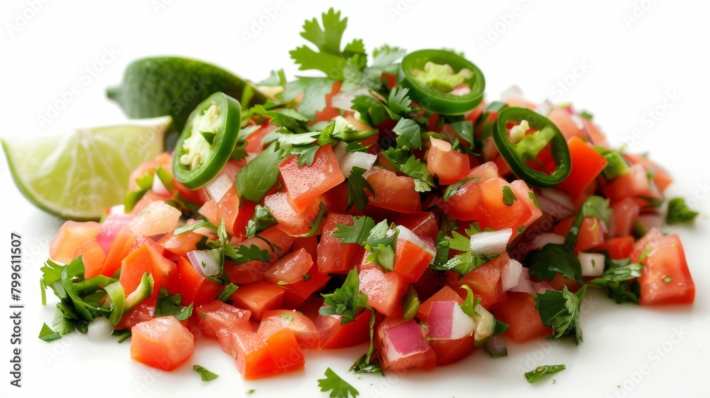 Vibrant close-up of Pico de Gallo, featuring fresh diced tomatoes, onions, jalapenos, and cilantro, with a sprinkle of lime juice and salt, isolated on a white background, studio lighting Vibrant close-up of Pico de Gallo, featuring fresh diced tomatoes, onions, jalapenos, and cilantro, with a sprinkle of lime juice and salt, isolated on a white background, studio lighting