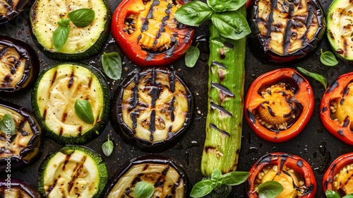 Vibrant assortment of freshly grilled vegetables, featuring charred zucchini slices, eggplant, and bell peppers, perfect for healthy eating, studio background