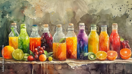 Watercolor still life of various bottled juices, each color a testament to the fruit or vegetable it was derived from, displayed on a rustic table photo