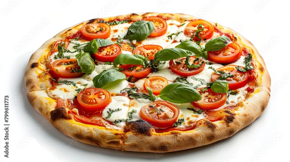 Top shot of a freshly made Caprese pizza, featuring juicy tomatoes and creamy mozzarella on a stark, white background, highlighted by studio lights