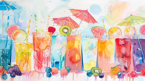 Whimsical watercolor of a children's party table, featuring a variety of fruity drinks and yogurt smoothies decorated with fun straws and umbrellas