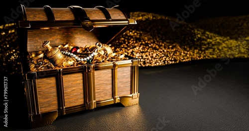 ancient treasures made of gold Packed in a retro treasure chest. Pirate treasure made of wood. Gold Medal and Golden Jug. 3d rendering photo