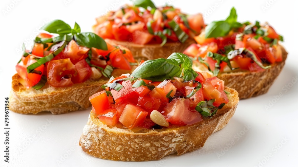 Studio close-up of bruschetta with fresh tomato, garlic, and basil, rich olive oil and balsamic, on a crisp slice of bread, isolated setting Studio close-up of bruschetta with fresh tomato, garlic, and basil, rich olive oil and balsamic, on a crisp slice of bread, isolated setting