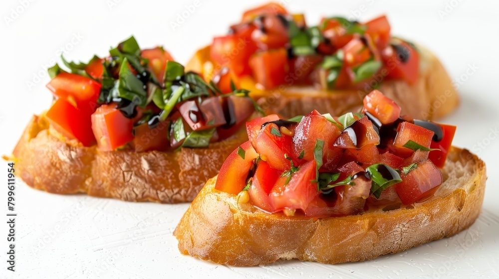 Studio close-up of bruschetta with fresh tomato, garlic, and basil, rich olive oil and balsamic, on a crisp slice of bread, isolated setting