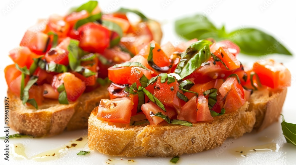 Studio close-up of bruschetta with fresh tomato, garlic, and basil, rich olive oil and balsamic, on a crisp slice of bread, isolated setting