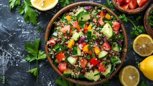 Summery Mediterranean quinoa salad, top view showcasing an assortment of fresh ingredients with a lemon-herb dressing, studio lighting on an isolated backdrop