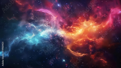 Vivid depiction of a nebula in space with swirling colors and bright stars
