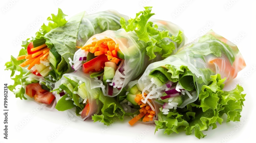 Spring rolls packed with vibrant veggies, isolated on a white background, enhanced by raw studio lighting Spring rolls packed with vibrant veggies, isolated on a white background, enhanced by raw studio lighting