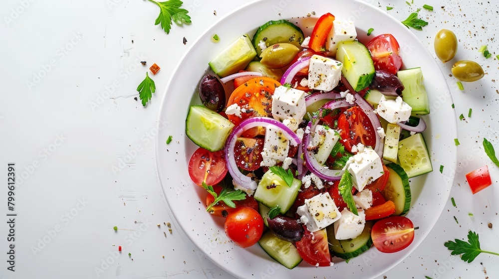 Pristine top view of a traditional Greek Salad, arranged with tomatoes, cucumbers, bell peppers, red onions, olives, and feta, on a minimalist white background with studio lighting Pristine top view of a traditional Greek Salad, arranged with tomatoes, cucumbers, bell peppers, red onions, olives, and feta, on a minimalist white background with studio lighting