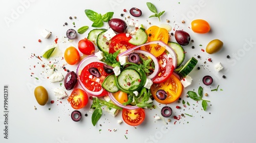 Pristine top view of a traditional Greek Salad, arranged with tomatoes, cucumbers, bell peppers, red onions, olives, and feta, on a minimalist white background with studio lighting