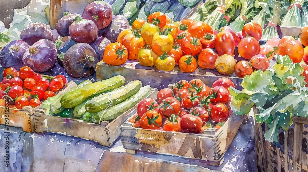 Watercolor scene at a farmer's market, fresh vegetables destined for spring rolls displayed in a burst of colors