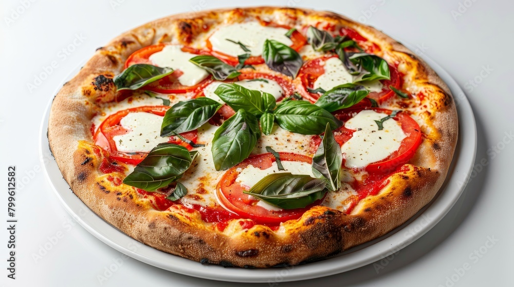 Neapolitan-style Caprese pizza, fresh basil leaves topping, soft studio lighting, minimalist background