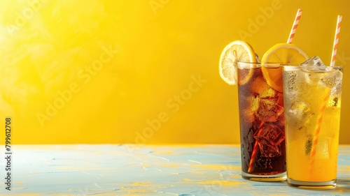 Two cold beverages with lemon slices and ice on blue surface yellow background
