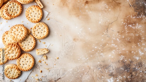 Cream-filled sandwich cookies scattered on textured surface, with crumbs and powdered sugar photo