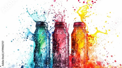 Watercolor splash of energy drinks in motion, vivid colors symbolizing the burst of caffeine and vitamins energizing a dynamic scene