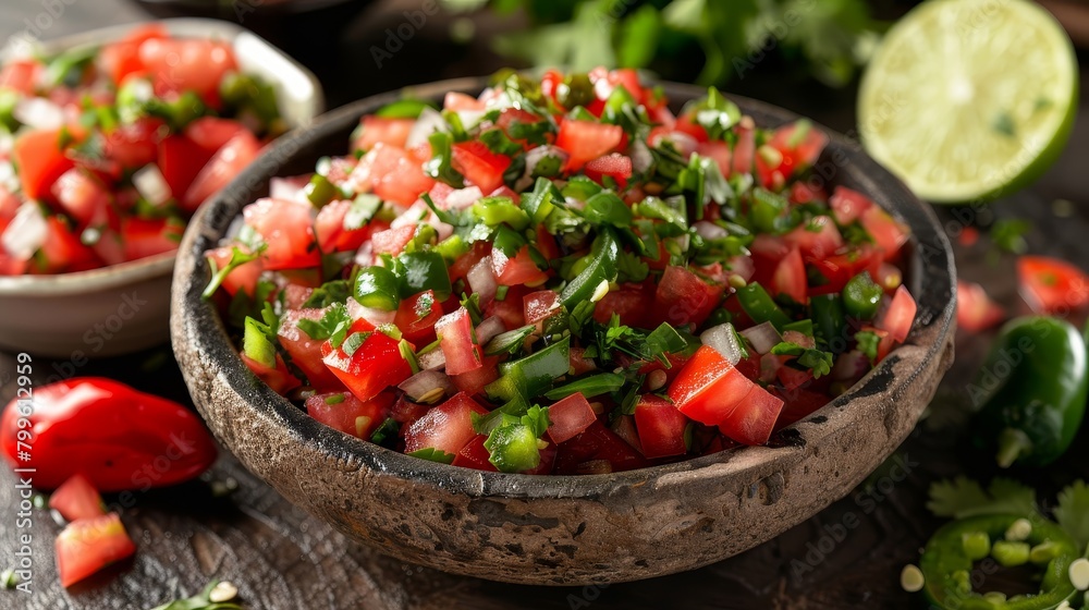 High-resolution image capturing the texture of Pico de Gallo salsa, highlighting ingredients like fresh jalapenos and lime juice, studio lighting, isolated backdrop