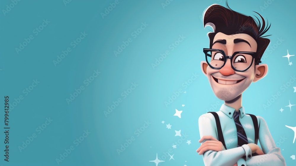 Cartoon of smiling man with glasses, suspenders, and quirky hairstyle against blue background Cartoon of smiling man with glasses, suspenders, and quirky hairstyle against blue background