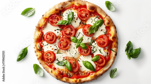 High-resolution image of a Caprese pizza from above, capturing the essence of fresh tomatoes and mozzarella, perfect for menu art, isolated background
