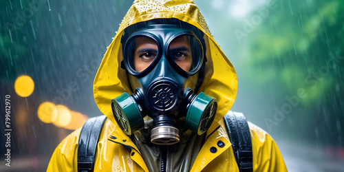 a man wearing a gas mask and a yellow jacket is standing in the rain, colorfull background