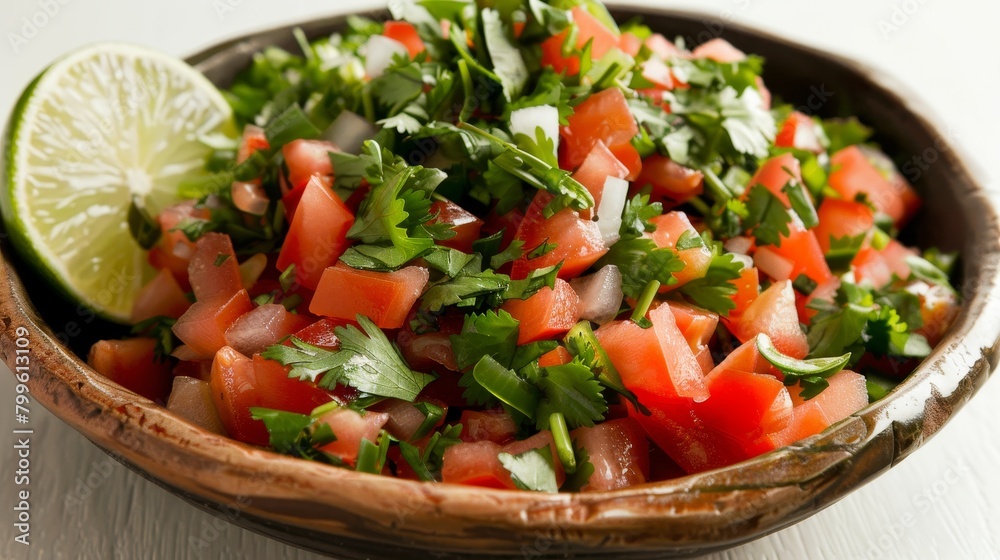 Gourmet style photo of Pico de Gallo, emphasizing the freshness and simplicity of the ingredients like cilantro and lime juice, clean isolated background, studio lighting