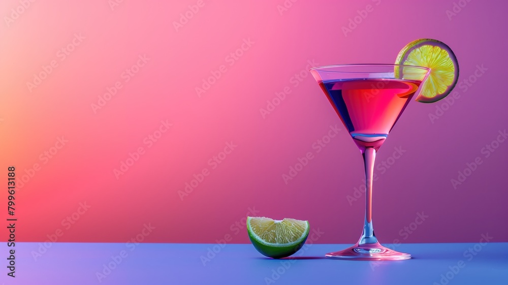 Colorful cocktail in martini glass with lime slice against pink and purple gradient background Colorful cocktail in martini glass with lime slice against pink and purple gradient background
