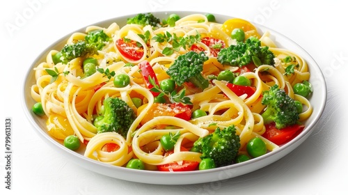 Gourmet Pasta Primavera with an array of vegetables like peas and broccoli, tossed in light olive oil, seamless white background, professional studio lighting