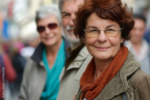 Portrait of smiling senior woman with her friends in the background.