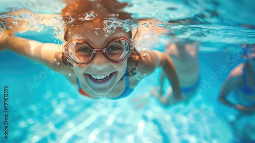 Child swimming underwater in pool with goggles