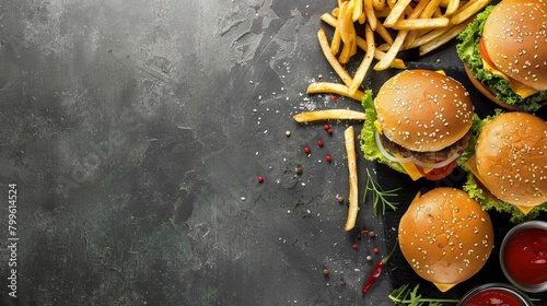 Close up of hamburgers and fries on table