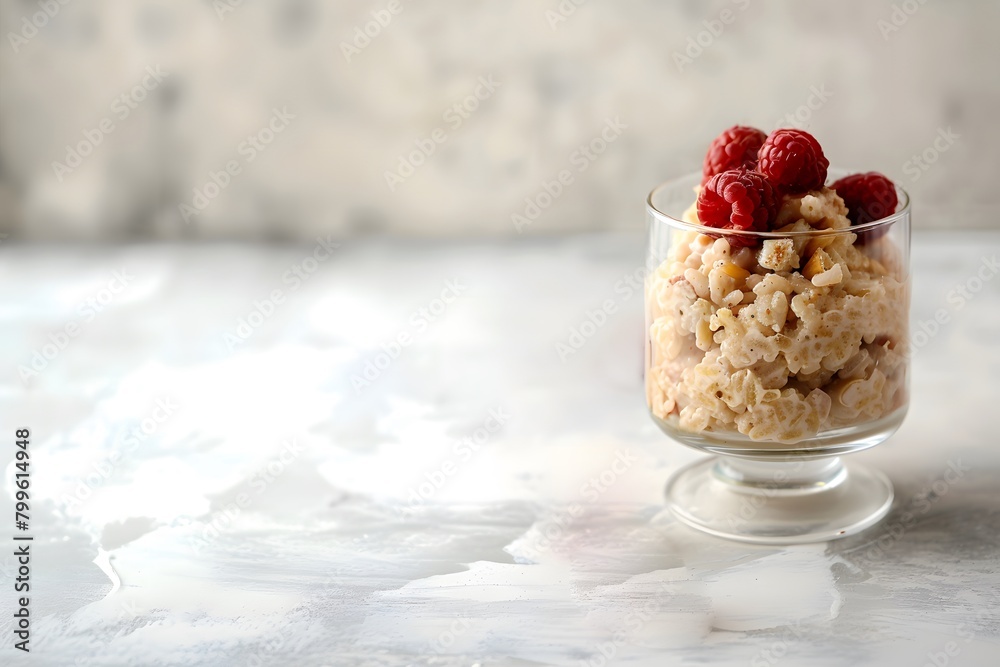 Creamy rice pudding with berries and syrup in a bowl, top view. Healthy and tasty breakfast. Place for text Creamy rice pudding with berries and syrup in a bowl, top view. Healthy and tasty breakfast. Place for text