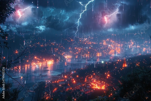 Weather extremes images, there is a city and it is night time in which lightning is shining and colorful lights are burning in the city.