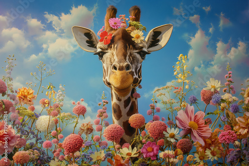 Giraffe in flowers by vintage aesthetics, wallpaper. Generative AI photo